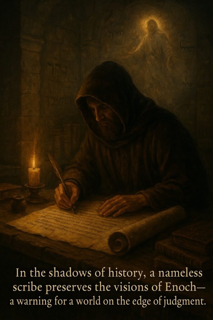 Hooded scribe writing by candlelight on an ancient scroll, with a glowing vision of Enoch on the wall behind him.