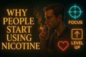 Man vaping in a dark room surrounded by glowing icons for focus and level-up, illustrating the deceptive benefits of nicotine use.