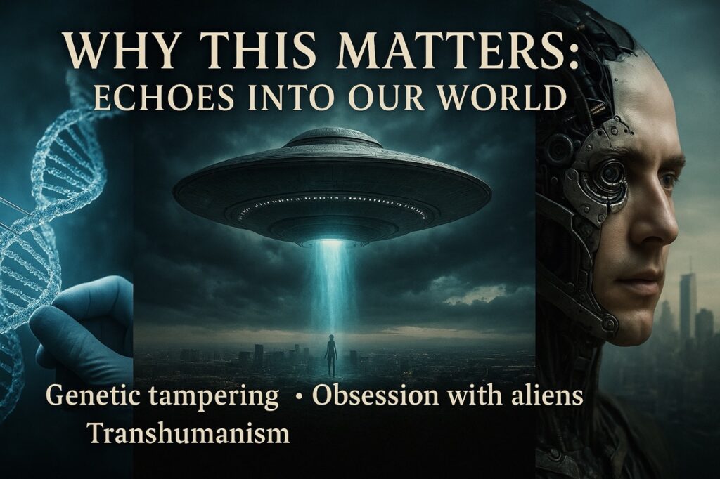 Photorealistic split image showing genetic editing, a UFO hovering above a city, and a transhuman face — illustrating modern echoes of Genesis 6.