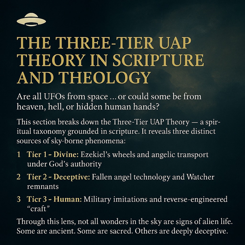 “Educational image featuring the Three-Tier UAP Theory: divine aerial craft from Ezekiel’s vision, fallen angel technology from the Watchers, and modern military reverse-engineered UFOs, framed in a biblical context.”