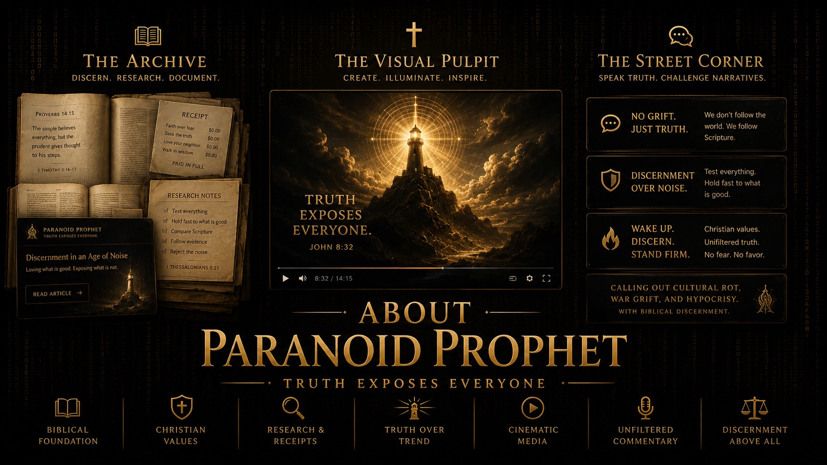 About Paranoid Prophet featured image showing the archive, visual pulpit, and street corner of a Christian discernment and truth-seeking media project