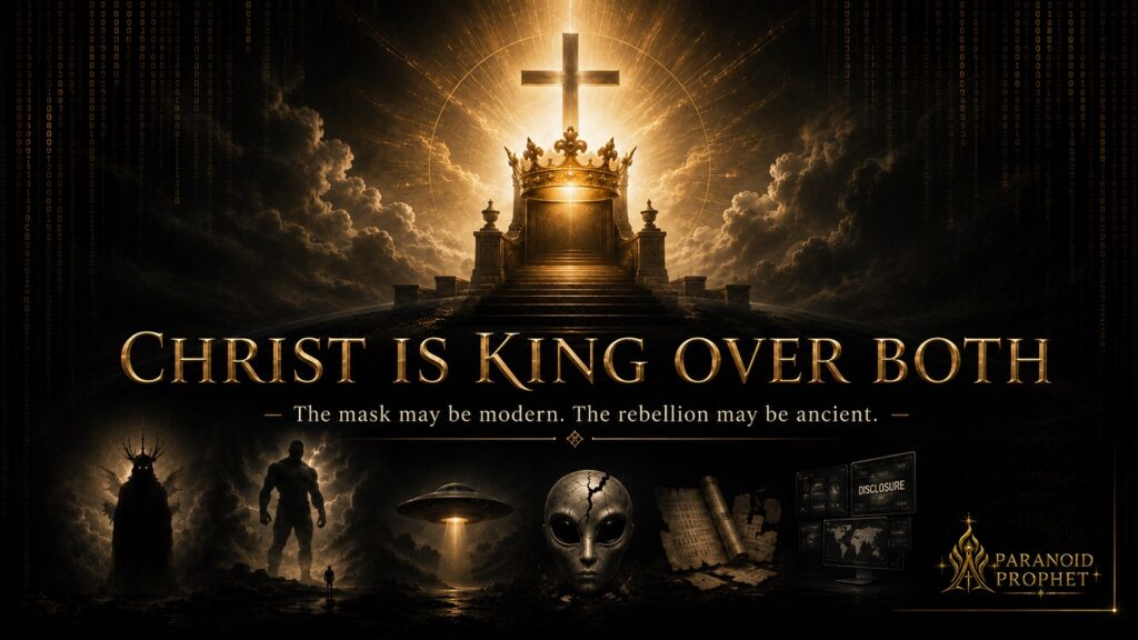Symbolic image of Christ’s authority over ancient rebellion and modern alien mystery, with a cross, crown, throne, Watcher shadow, giant figure, UAP, alien mask, and disclosure screens.
