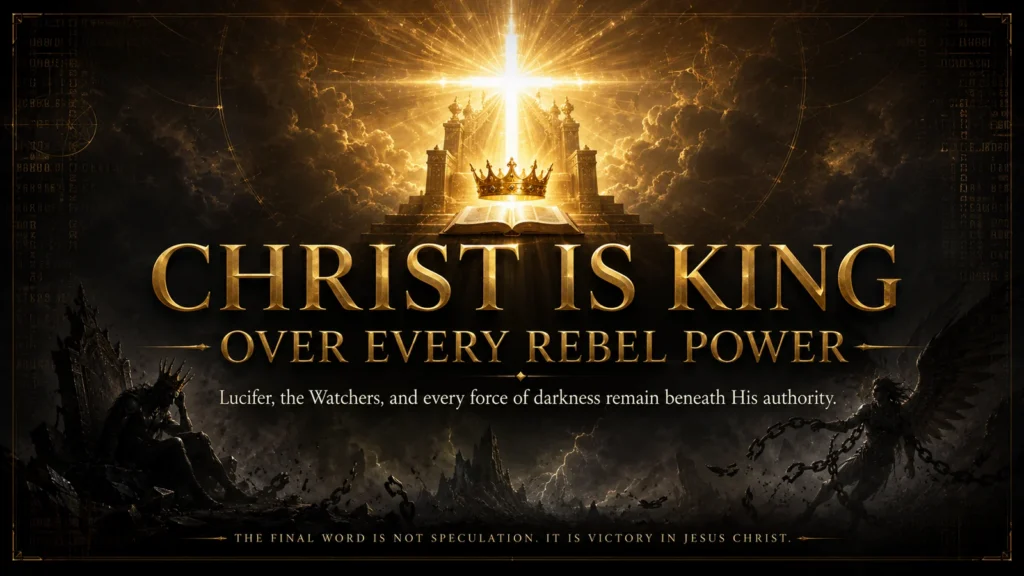 Radiant cross, crown, and open Scripture above defeated rebel powers, showing Christ as King over Satan, the Watchers, and every created power