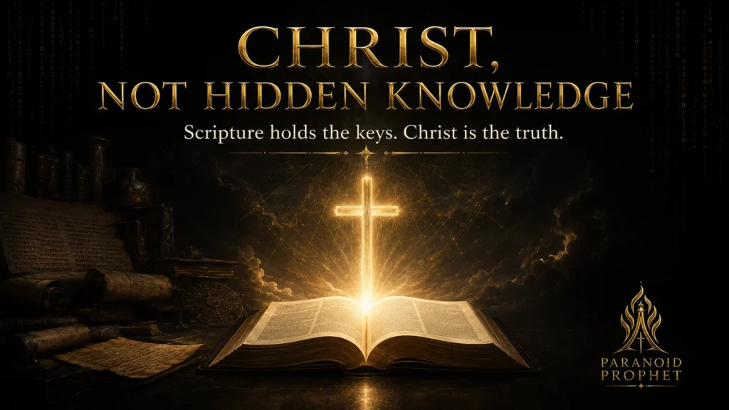 Open Bible and radiant cross beside ancient scrolls, emphasizing Christ rather than hidden knowledge