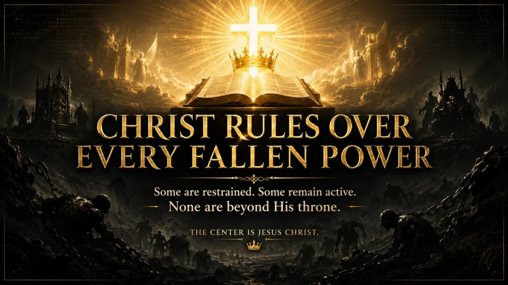 Radiant cross, crown, and open Scripture above restrained and roaming rebel powers, showing Christ's authority over demons and fallen angels