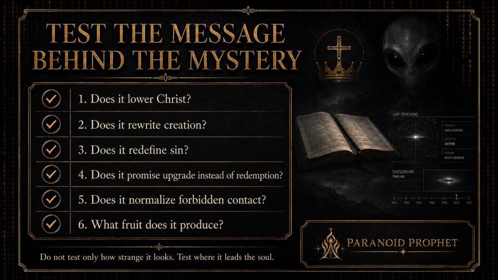 Christian discernment checklist for testing alien, UAP, and NHI claims by their message about Christ, creation, sin, redemption, forbidden contact, and spiritual fruit.