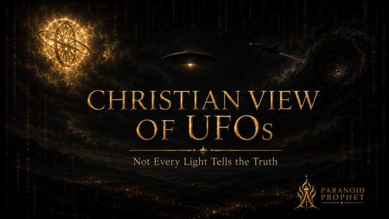 Christian View of UFOs featured image showing mysterious UAP lights, an Ezekiel wheel symbol, human aircraft, and a dark sky with gold digital code under the warning Not Every Light Tells the Truth.