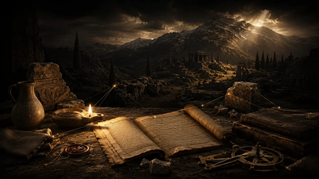 Open ancient manuscript by lamplight before a storm-dark mountain and ruined settlement, with subtle gold evidence-map connections