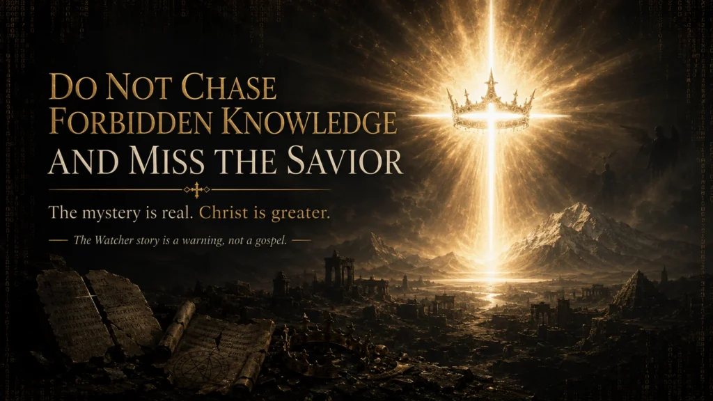 Radiant cross and crown above Mount Hermon and ancient manuscripts, pointing from Watcher mystery to the supremacy of Christ