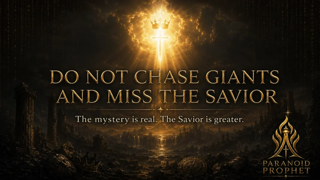 Cross and crown shining above the ruins of fallen giant power, pointing readers from Nephilim fascination to the supremacy of Christ