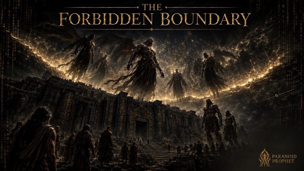 Watcher-like beings crossing a forbidden boundary above an ancient pre-Flood world in a Genesis 6 themed illustration.