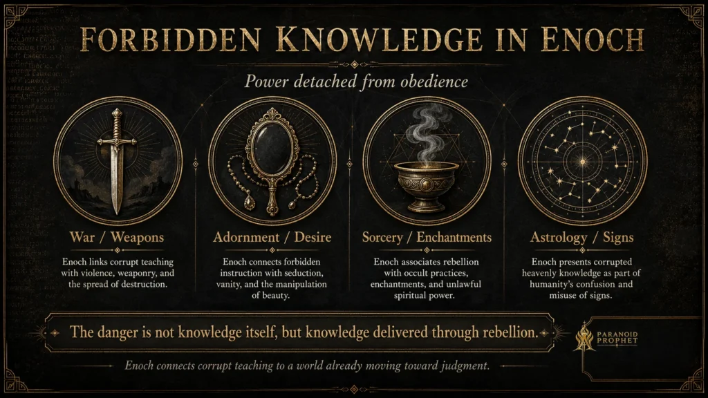 Overview of forbidden knowledge in 1 Enoch, including weapons, adornment, enchantments, and celestial signs as power detached from obedience