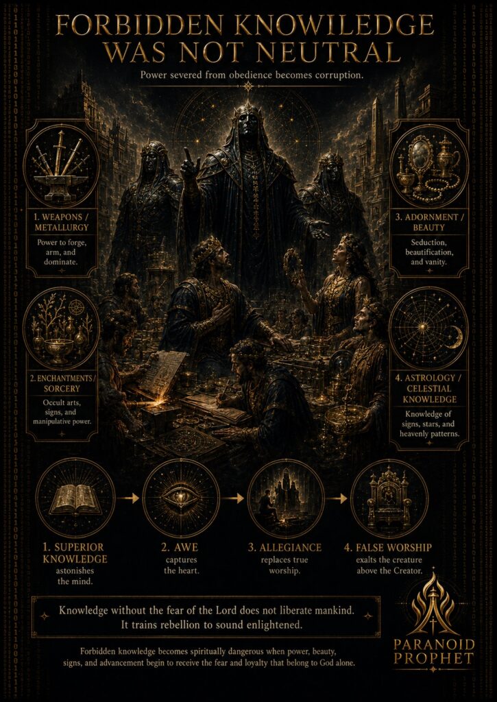 Black and gold Paranoid Prophet infographic showing Watchers teaching forbidden knowledge to an advanced pre-Flood civilization, including metallurgy, sorcery, adornment, astrology, awe, allegiance, and false worship.