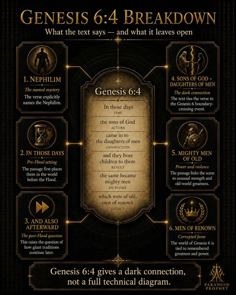 Genesis 6:4 diagram connecting the Nephilim, sons of God, human women, children, mighty men, and men of renown while noting unresolved questions