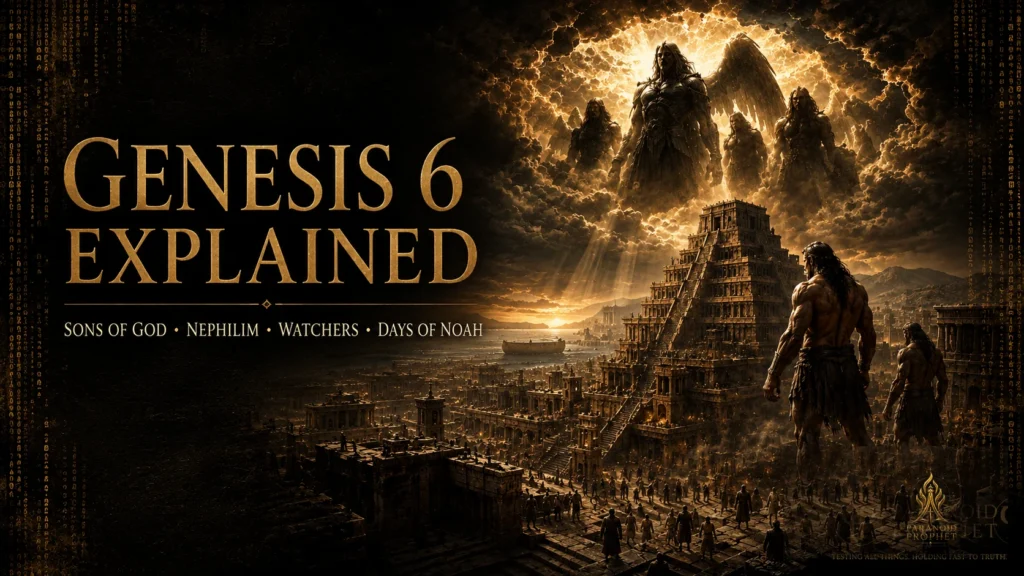 Cinematic black and gold Genesis 6 featured image showing Watchers, Nephilim, a pre-Flood civilization, and Noah’s ark under divine judgment and mercy.