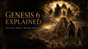 Cinematic black and gold Genesis 6 featured image showing Watchers, Nephilim, a pre-Flood civilization, and Noah’s ark under divine judgment and mercy.
