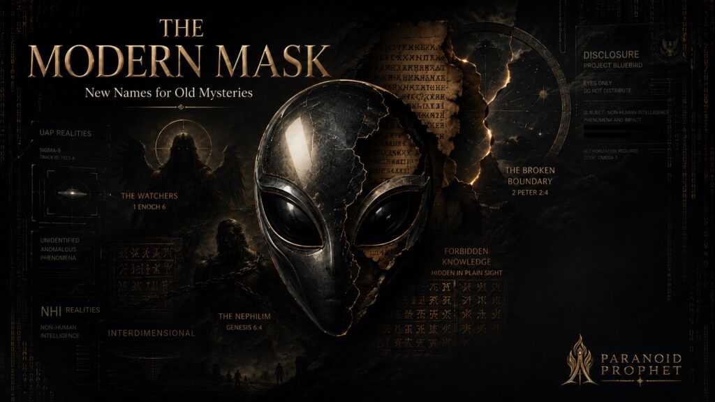 Cracked alien mask revealing ancient Watcher, Nephilim, forbidden knowledge, and biblical rebellion symbols behind modern UAP and NHI language.