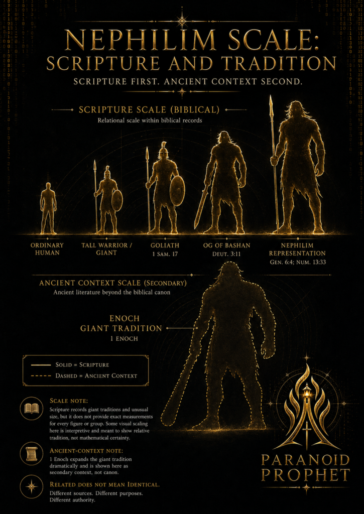 Black and gold Paranoid Prophet infographic comparing ordinary human scale, tall warrior, Goliath, Og of Bashan, Nephilim representation, and the larger Enoch giant tradition.