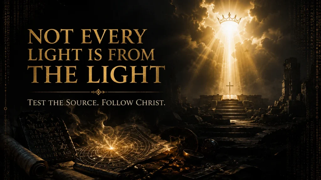 Ancient scroll and false illumination contrasted with an open Bible, cross, and the true light of Christ