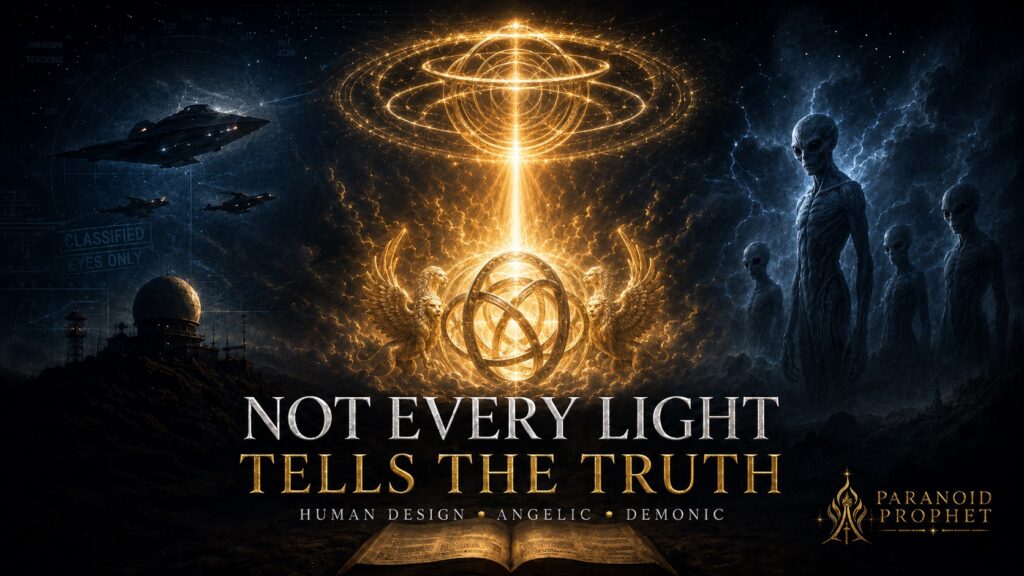A Christian view of UFOs showing human aircraft, an Ezekiel wheel, and tall alien-like figures under the warning “Not every light tells the truth.”
