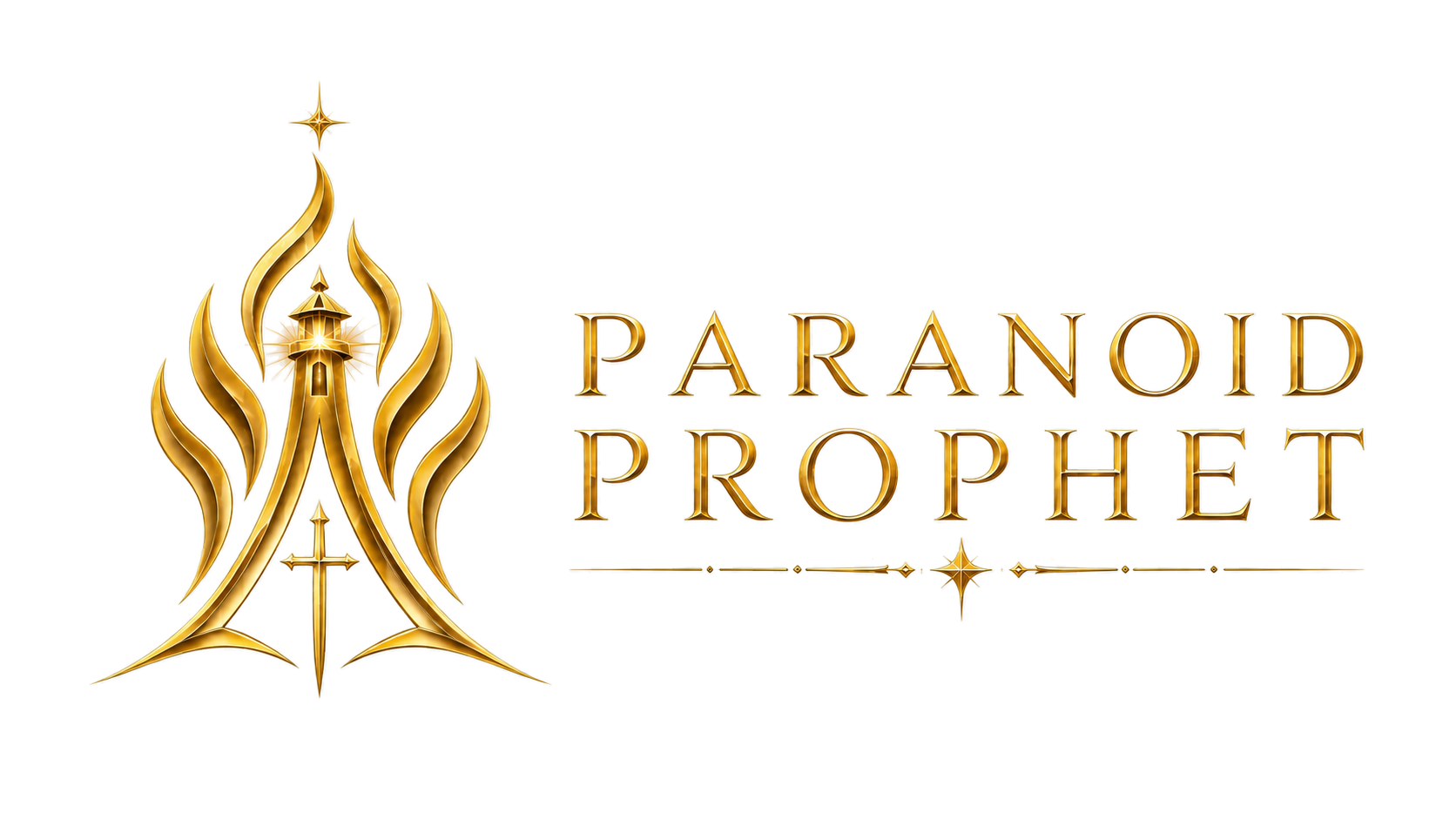 Paranoid Prophet logo with gold lighthouse, flame, cross, and prophetic serif lettering