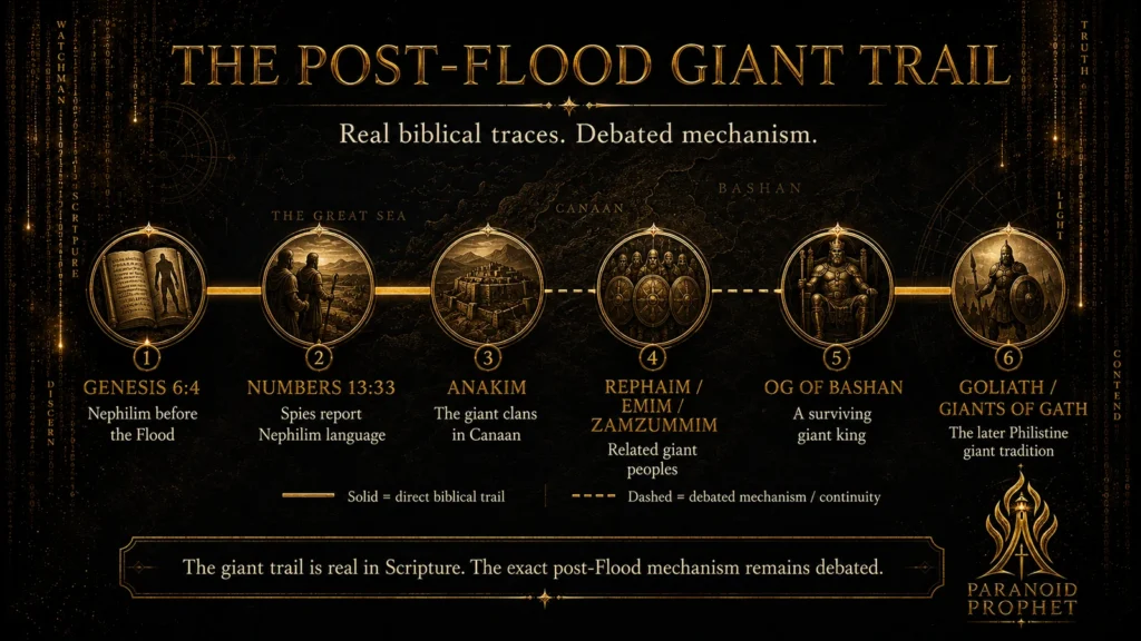 Biblical giant-tradition trail from Genesis 6 and Numbers 13 through the Anakim, Rephaim, Og of Bashan, Goliath, and Gath