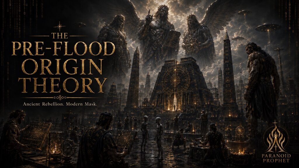 Pre-Flood Origin Theory featured image showing Watchers over an advanced pre-Flood civilization with alien cameos, forbidden knowledge, and Nephilim imagery.
