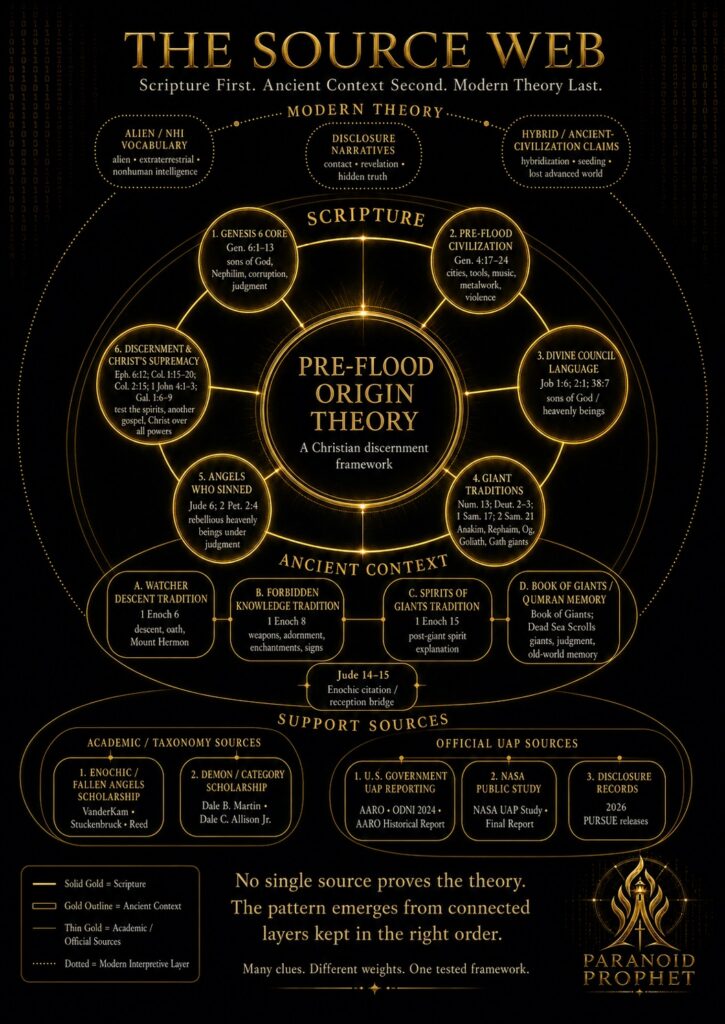 Black and gold Paranoid Prophet source web infographic showing Scripture, ancient context, academic sources, official UAP sources, and modern theory around the Pre-Flood Origin Theory.