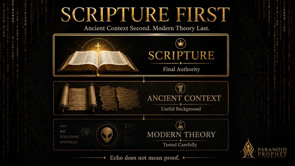 Scripture-first hierarchy showing Scripture, ancient context, and modern theory in order for testing the Pre-Flood Origin Theory.