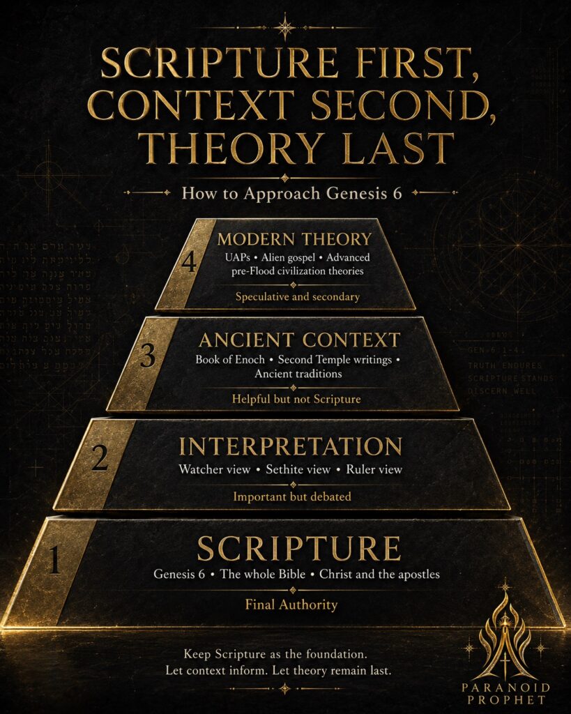 Source hierarchy for reading Genesis 6 with Scripture first, interpretation and ancient context beneath it, and modern theory last