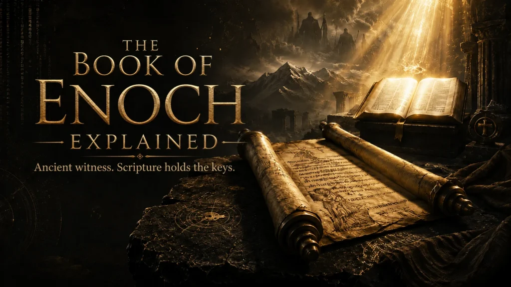 Black and gold featured image showing an ancient Enoch scroll under scriptural light, with the title The Book of Enoch Explained and the phrase Ancient witness, Scripture holds the keys.