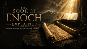 Black and gold featured image showing an ancient Enoch scroll under scriptural light, with the title The Book of Enoch Explained and the phrase Ancient witness, Scripture holds the keys.