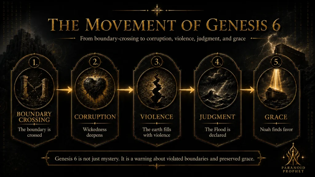 Progression of Genesis 6 from boundary crossing through corruption and violence to judgment and grace