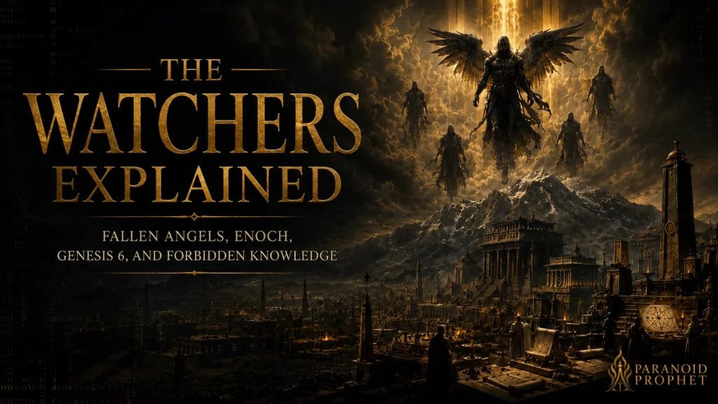 Black and gold featured image showing the Watchers descending over Mount Hermon and an ancient world, with fallen angels, Enoch, Genesis 6, and forbidden knowledge.
