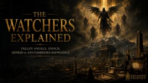 Black and gold featured image showing the Watchers descending over Mount Hermon and an ancient world, with fallen angels, Enoch, Genesis 6, and forbidden knowledge.