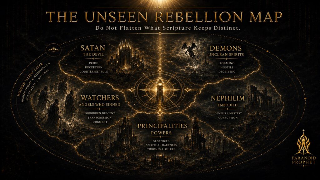 Featured image for The Unseen Rebellion Map showing Satan, Watchers, demons, Nephilim, principalities, powers, and the modern alien layer as distinct categories in a black-and-gold biblical discernment map.
