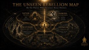 Featured image for The Unseen Rebellion Map showing Satan, Watchers, demons, Nephilim, principalities, powers, and the modern alien layer as distinct categories in a black-and-gold biblical discernment map.