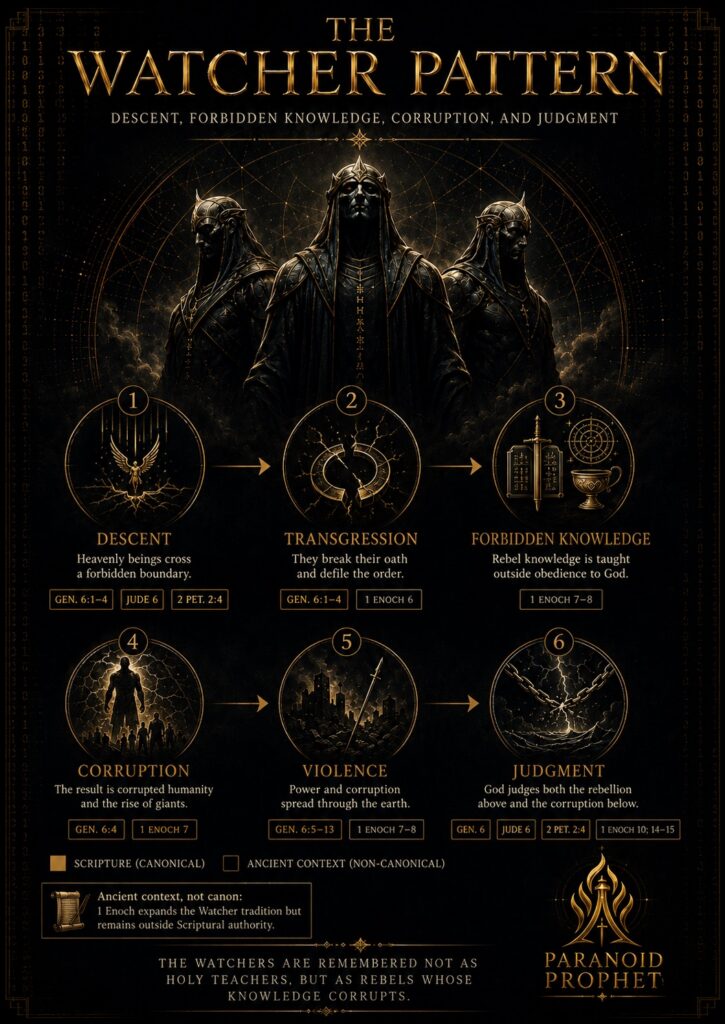 Black and gold Paranoid Prophet infographic showing the Watcher Pattern: descent, transgression, forbidden knowledge, corruption, violence, and judgment, with Scripture and 1 Enoch source distinctions.