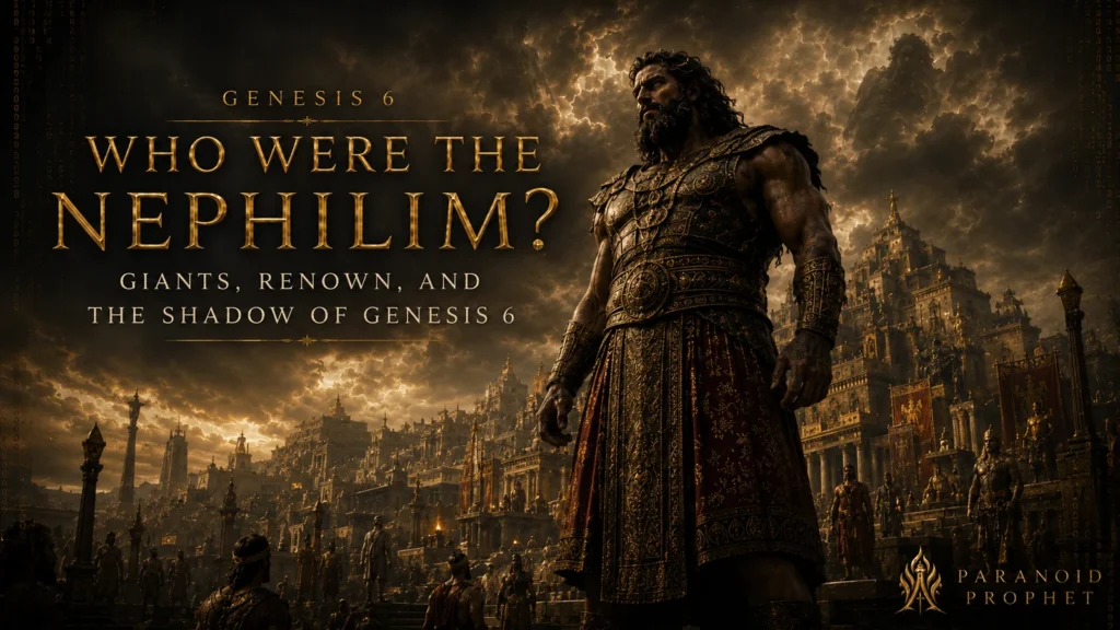Cinematic black and gold featured image showing a Nephilim giant in an advanced pre-Flood city beneath Watcher shadows, emphasizing giants, renown, and the shadow of Genesis 6.