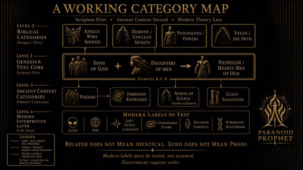 Infographic showing a working category map for Genesis 6, Watchers, Nephilim, demons, ancient-context categories, and modern alien or UAP labels.