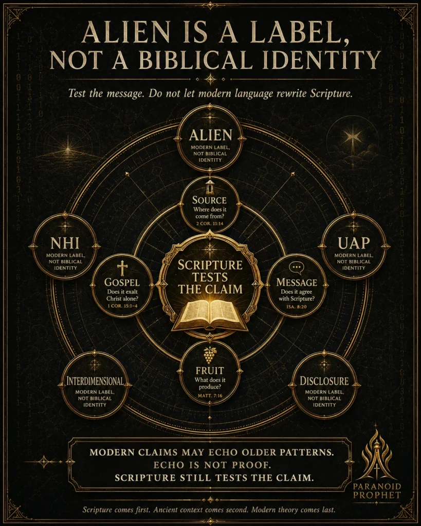 Black and gold infographic explaining that alien, NHI, UAP, interdimensional, and disclosure are modern labels, not biblical identities, and must be tested by Scripture.
