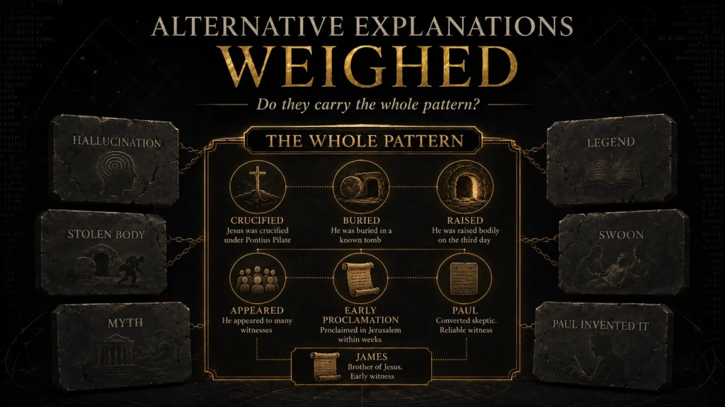 Black and gold Christian editorial graphic weighing alternative resurrection explanations such as hallucination, legend, stolen body, swoon, myth, and Paul invented it against the whole evidence pattern.