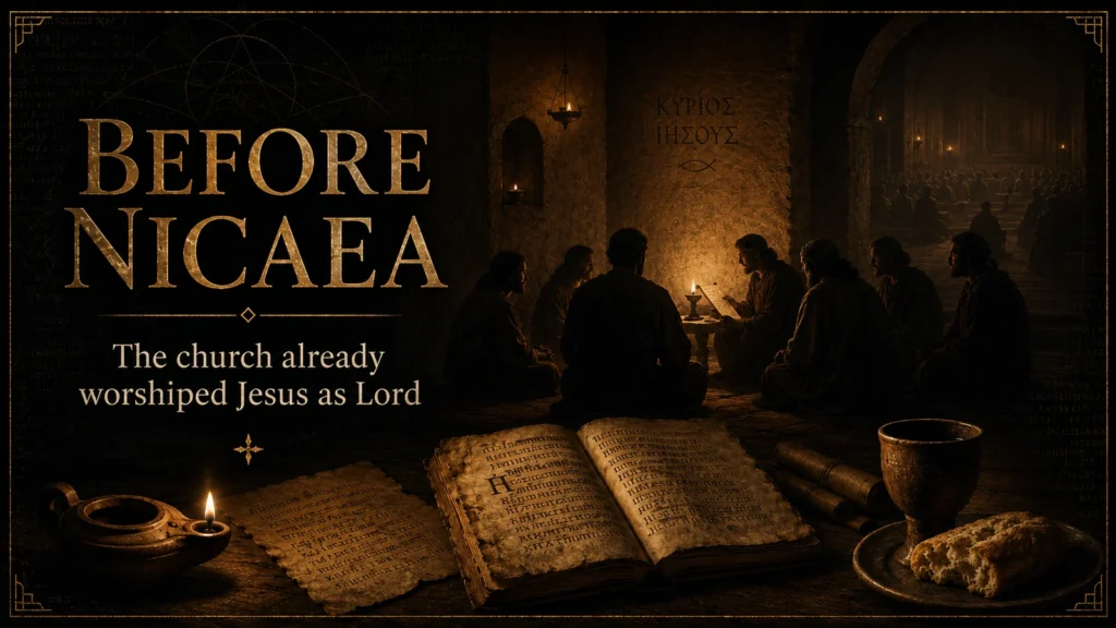 Black and gold Christian editorial image showing early believers gathered around Scripture and lamplight before Nicaea, worshiping Jesus as Lord.
