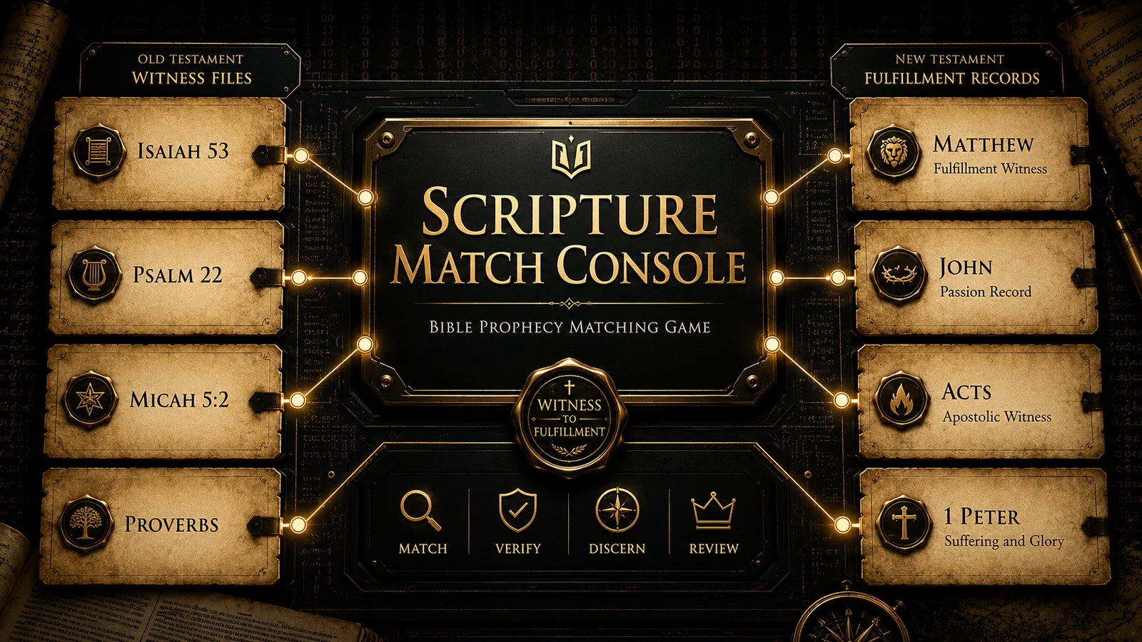 Bible prophecy matching game showing Scripture witness files and fulfillment records in the Scripture Match Console