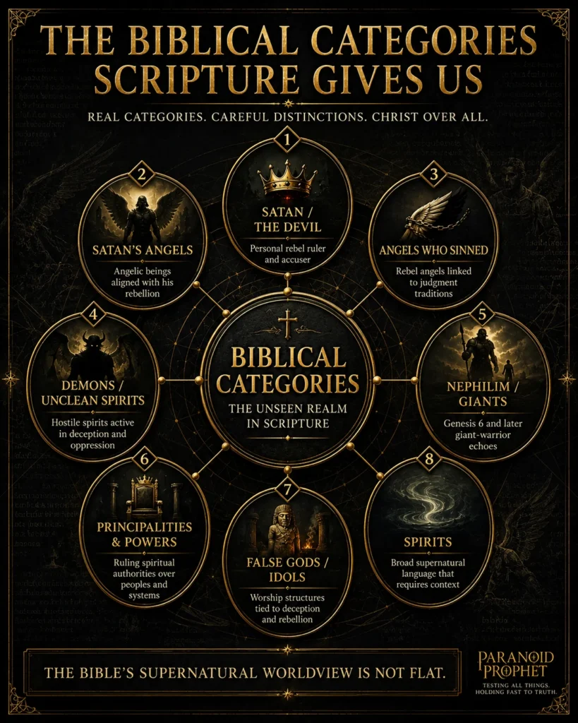 Black and gold infographic showing the biblical categories Scripture gives for the unseen realm, including Satan, demons, angels who sinned, Nephilim, principalities, false gods, and spirits.