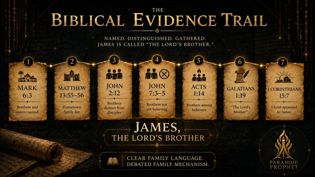 Infographic showing New Testament passages about Jesus’ brothers, including Mark 6:3, Matthew 13:55–56, John 2:12, John 7:3–5, Acts 1:14, Galatians 1:19, and 1 Corinthians 15:7.