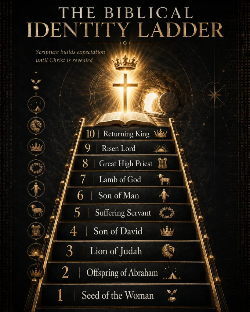 Black and gold Christian infographic showing the biblical identity ladder from Seed of the Woman to Returning King, with Scripture building expectation until Christ is revealed.