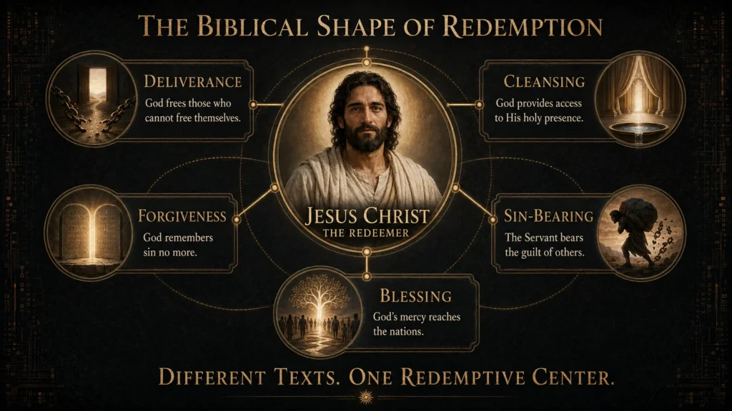 Christ-centered infographic showing deliverance, cleansing, forgiveness, sin-bearing, and blessing as distinct biblical themes fulfilled in Jesus the Redeemer.