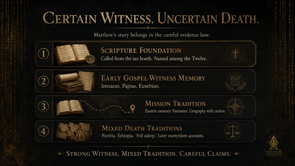 Infographic showing four evidence lanes for Matthew’s death and witness: Scripture foundation, early Gospel-witness memory, mission tradition, and mixed death traditions.