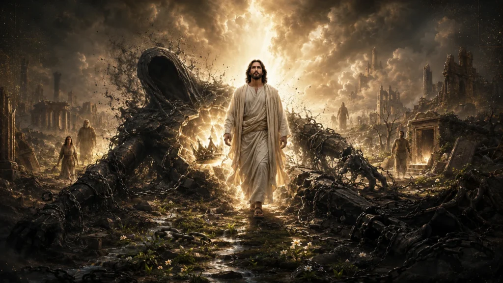 Jesus Christ walking through apocalyptic ruins as a colossal symbolic shadow of death collapses behind Him, its chains and crown shattered by resurrection light.